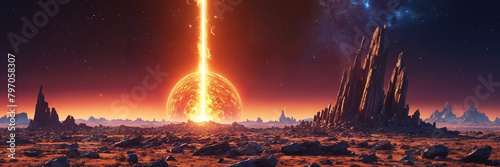 Alien planet sending a giant column of fire into space. In the foreground, there are two large rocks, which contribute to the overall composition of the scene.