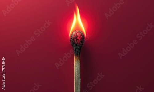 burning match on a red background, concept of brightness, danger