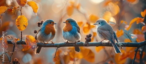 Three Birds Perched on Tree Branch