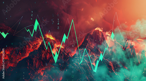A cryptocurrency trend line with green arrows plummeting. suggesting a volcanic eruption in the digital currency world. The backdrop is maroon and teal