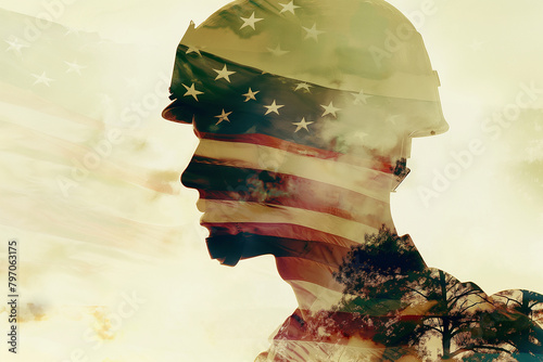 Stars and Stripes Military Salute. Artistic representation of an American servicemember overlaid with the flag, evoking honor, duty, and national pride