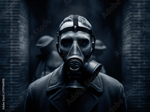 Soldado utilizando máscara antigás, concepto apocalíptico