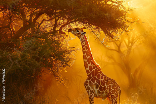 A towering giraffe stretches its long neck to reach the tender leaves of an acacia tree.