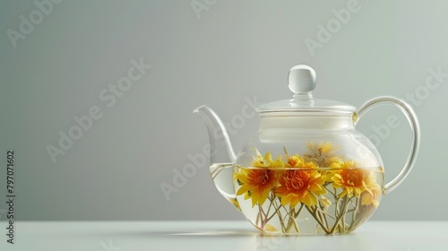 Transparent teapot with blooming flowers in herbal tea