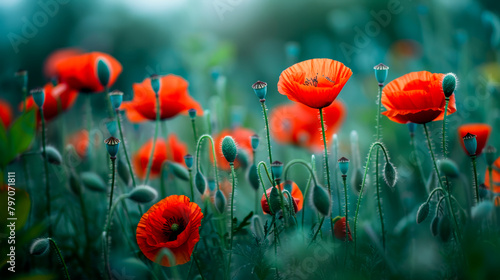 photography of beautiful red poppy blooms in a field field on a misty morning landscape.