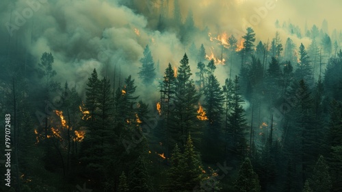 Devastating forest fire at dusk