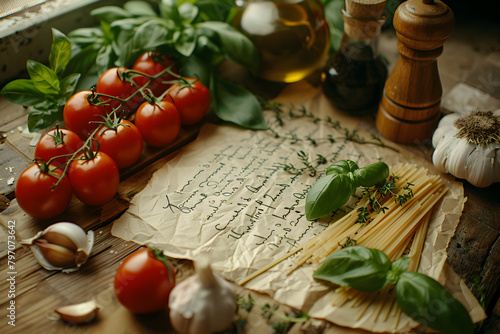 A Rustic Kitchen Scene with a Hand-Written Recipe in the Centre surrounded by Fresh Ingredients