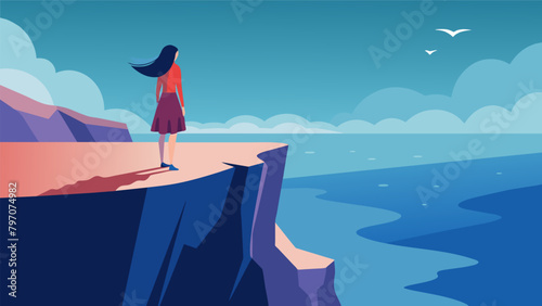 A woman stands at the edge of a cliff overlooking the vast expanse of the ocean feeling small yet connected to soing much bigger and powerful..