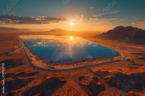 A desert landscape hosting a massive concentrated solar power plant, utilizing mirrors to generate heat for electricity production. Concept of solar thermal energy. Generative Ai.