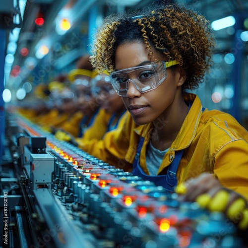Workforce Diversity: Show a diverse team of workers operating the assembly line, representing the collaborative effort and diverse skills involved in mass-producing electric vehicle battery cells. 