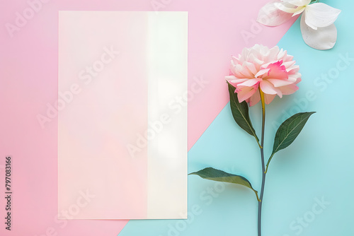 Stylish elegant flat lay pastel colors floristic greeting invitation post card, copy space mockup.