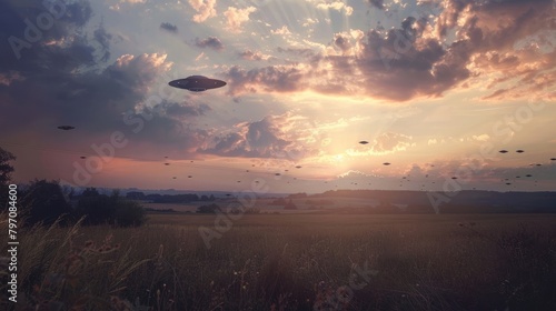 A panoramic view of a UFO sighting captured over a tranquil countryside, with multiple unidentified objects dancing in the sky.