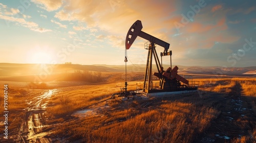 Oil Pumpjack at Sunset in Rural Landscape