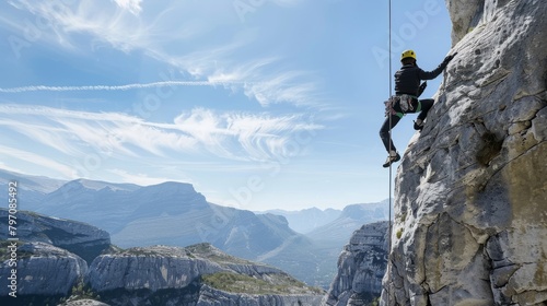Mountaineer Rappelling Down Cliff, Alpine Adventure