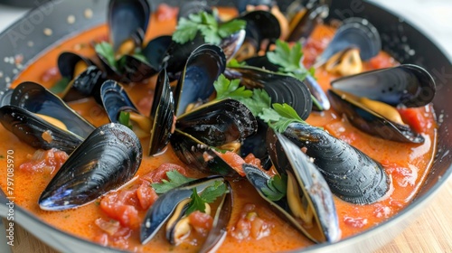 A pan filled with mussels in a delectable tomato sauce