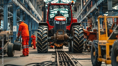Industrial workers assembles agricultural tractor in workshop.