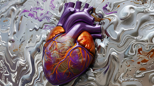 A heart with purple and orange veins. surrounded by silver and gold patterns representing the venous system. 