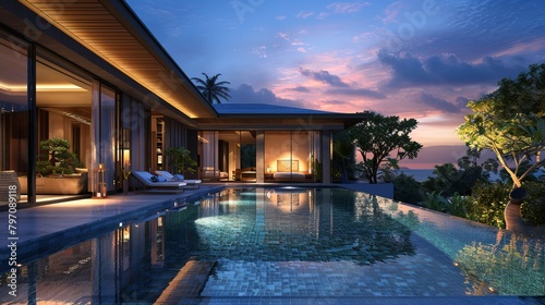 real estate Luxury Interior and exterior design pool villa with living room at night sky home, house ,sun bed ,sofa