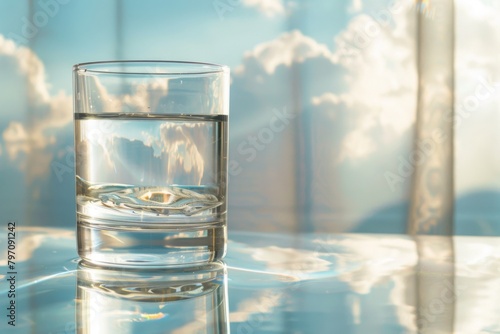 A glass of liquid on glass table Water, Drinkware, Tableware, Fluid, Glass