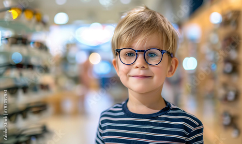 The portrait shows a young boy proudly wearing his new glasses in an optical store. His joy and amazement are obvious when he experiences clear vision for the first time.