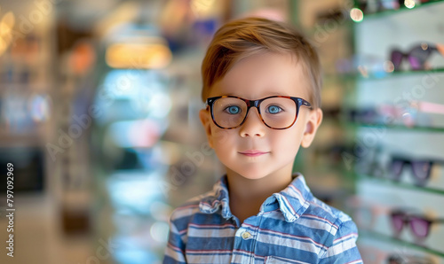 The portrait shows a young boy proudly wearing his new glasses in an optical store. His joy and amazement are obvious when he experiences clear vision for the first time.