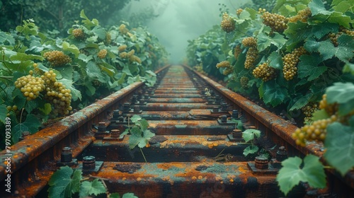 A railway track bifurcates. Rusty rails and rotten sleepers are overgrown with wild grapes.