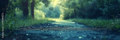 a wet road in the middle of a forest with grass and trees