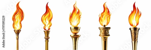 set of Golden Olympic torch with fire