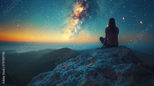 A woman sitting on a rock looking up at the stars, AI