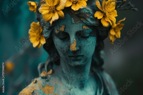 Vintage Statue with Yellow Flowers in Serene Garden
