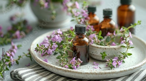 Flowering thyme plants on a white ceramic heart-shaped plate, small glass bottles on a striped cotton napkin. The idea of body care, alternative medicine.