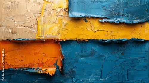 Orange, gold, blue, and yellow abstract oil painting art design.