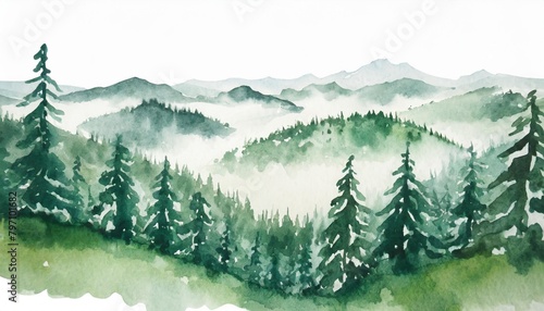 watercolor green landscape of foggy forest hill wild nature frozen misty taiga horizontal watercolor background evergreen coniferous trees
