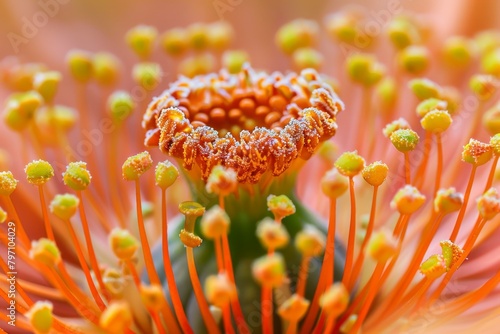 Close-up of a vibrant orange pincushion flower with dew drops