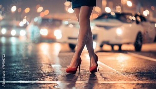 Frau mit high heels nachts auf eine Straße. 
