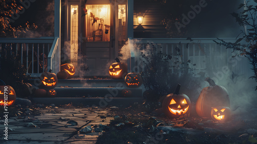 A misty Halloween night with lanterns and pumpkins adorning the front porch of a house. casting eerie shadows and creating a chilling atmosphere. 