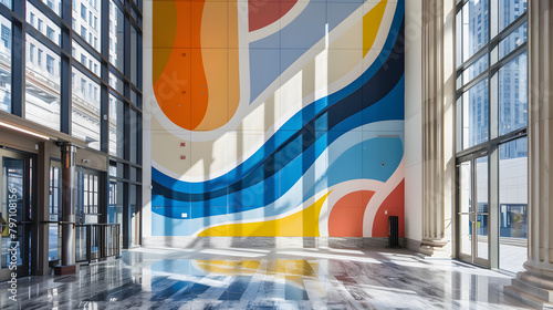 A modern colorful mural adorns the wall of an office building's main entrance hall with large windows on either side and marble floors. The mural features abstract waves in shades of blue. orange