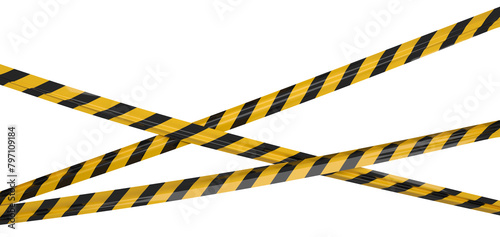 Isolated crossed warning tape with yellow and black stripes. Stretched caution ribbon.