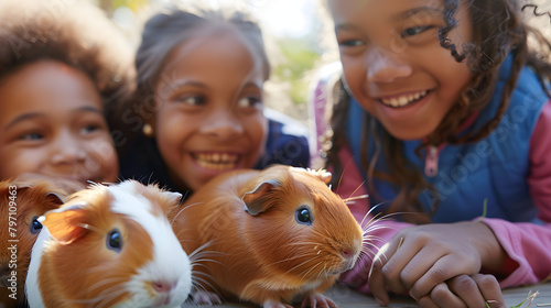 A pack of elated school children studying and handling lime baby guinea pigs in a school pet house setting. It is a close-up picture on a sunny day. 