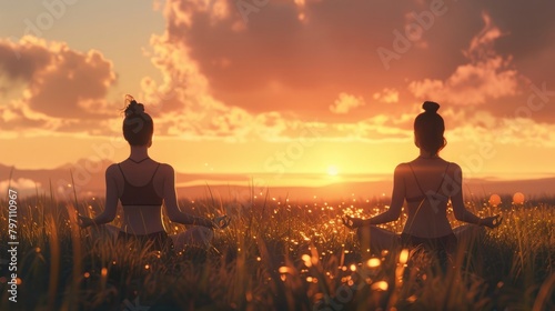 A serene view of two best friends practicing yoga together at sunrise on National Best Friends Day.