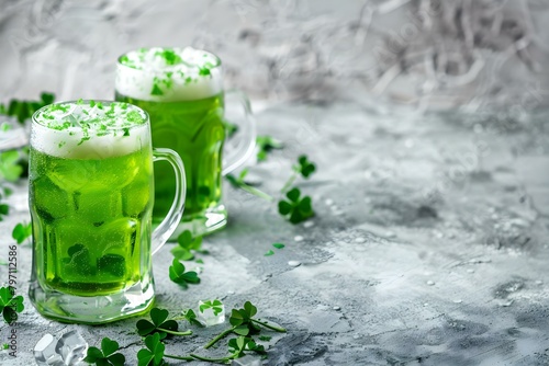 St Patrick's Day Celebrations with Green Beer and Shamrocks. Concept St Patrick's Day, Celebrations, Green Beer, Shamrocks, Festive Decorations
