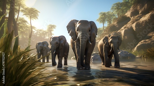 Elephants in the jungle of Sri Lanka. 3d render