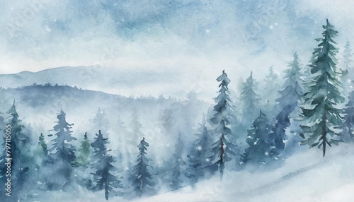 watercolor blue winter landscape of foggy forest hill wild nature frozen misty taiga horizontal watercolor background evergreen coniferous trees in snowfall