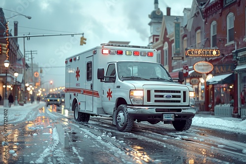 Una ambulancia color blanco con luces en las calles con nieve de una ciudad en un dia nublado de invierno. Una ambulancia atendiendo una emergencia medica.
