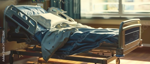 Illustrate a close-up view of a hospital bed in a digital photorealistic manner
