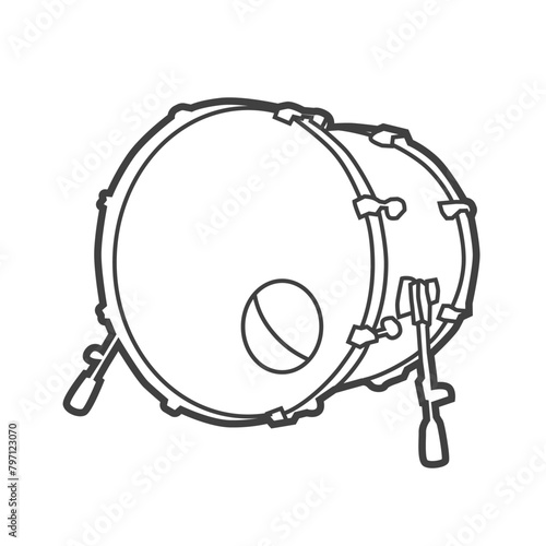 Vector linear icon of a bass drum operated by a pedal. Black and white illustration in line art style, depicting a musical instrument.