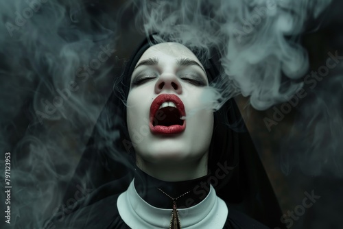 Mysterious nun exhaling smoke in a dark atmosphere