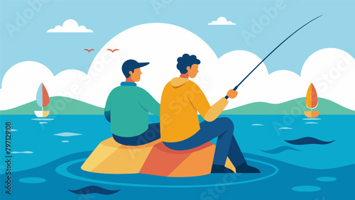 After quarreling over a misunderstanding two friends make amends while casting their lines into the ocean finding peace and reconciliation in the. Vector illustration