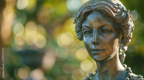 Bronze statue of a woman in a serene garden setting