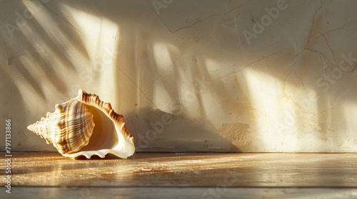 Sunlit seashell on wooden surface